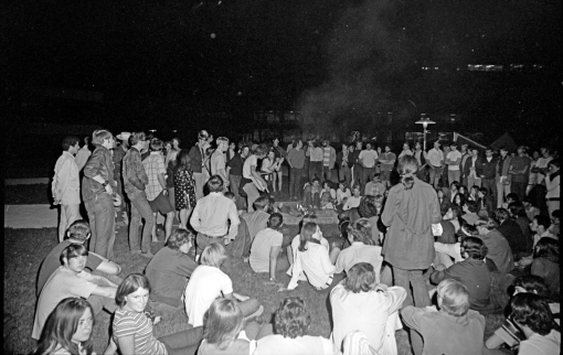 A large group gathering at the Peoples' Park in 1970