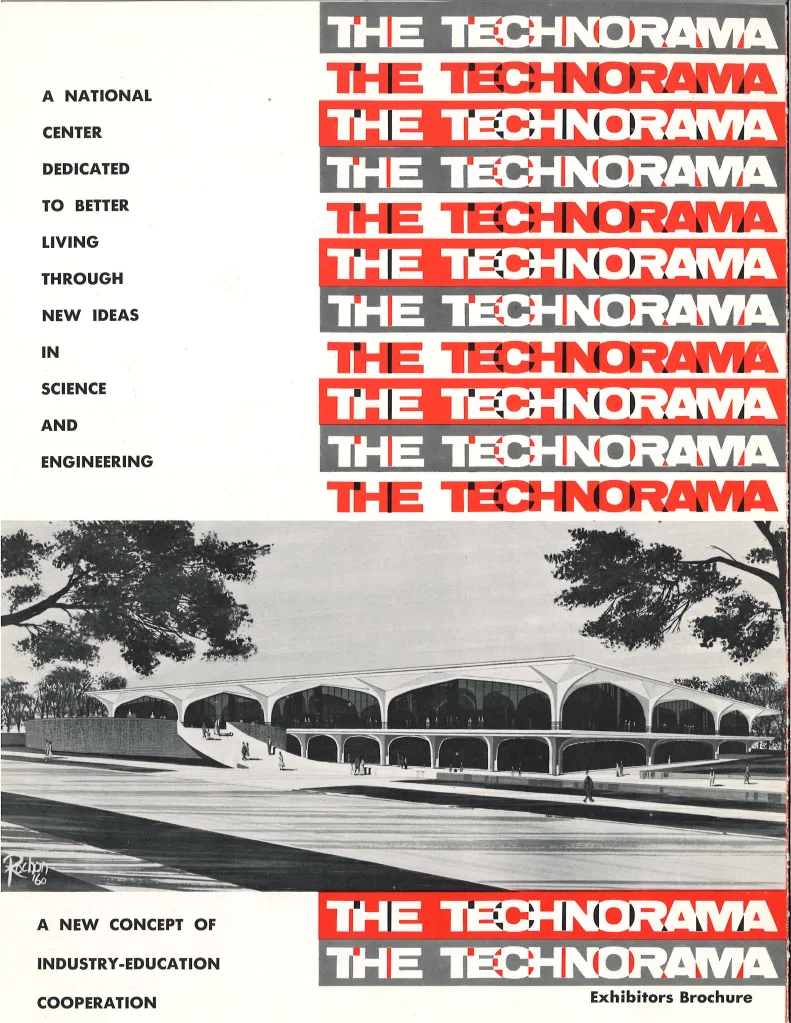 Cover of a Technorama exhibitors brochure with a drawing of the building and text about the project.
